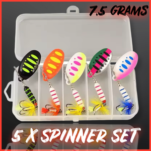 5-piece spinner gift set for perch, pike, chub, and trout fishing. Perfect fishing lures gift for anglers, presented in a durable box.