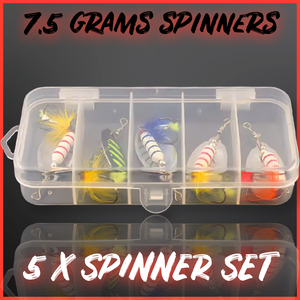 5-piece spinner gift set for perch, pike, chub, and trout fishing. Perfect fishing lures gift for anglers, presented in a durable box.