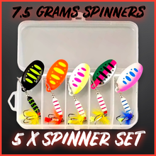 Load image into Gallery viewer, 5-piece spinner gift set for perch, pike, chub, and trout fishing. Perfect fishing lures gift for anglers, presented in a durable box.