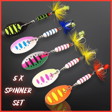 Load image into Gallery viewer, 5-piece spinner gift set for perch, pike, chub, and trout fishing. Perfect fishing lures gift for anglers, presented in a durable box.
