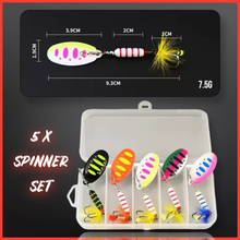 Load image into Gallery viewer, 5-piece spinner gift set for perch, pike, chub, and trout fishing. Perfect fishing lures gift for anglers, presented in a durable box.