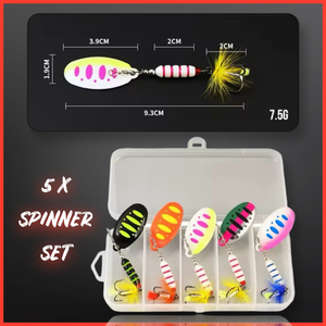5-piece spinner gift set for perch, pike, chub, and trout fishing. Perfect fishing lures gift for anglers, presented in a durable box.