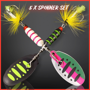 5-piece spinner gift set for perch, pike, chub, and trout fishing. Perfect fishing lures gift for anglers, presented in a durable box.
