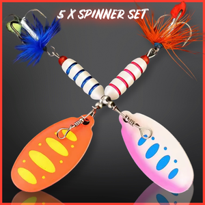 5-piece spinner gift set for perch, pike, chub, and trout fishing. Perfect fishing lures gift for anglers, presented in a durable box.