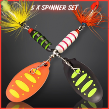 Load image into Gallery viewer, 5-piece spinner gift set for perch, pike, chub, and trout fishing. Perfect fishing lures gift for anglers, presented in a durable box.