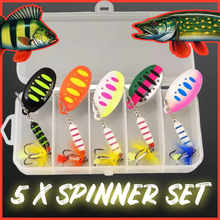 Load image into Gallery viewer, 5-piece spinner gift set for perch, pike, chub, and trout fishing. Perfect fishing lures gift for anglers, presented in a durable box.