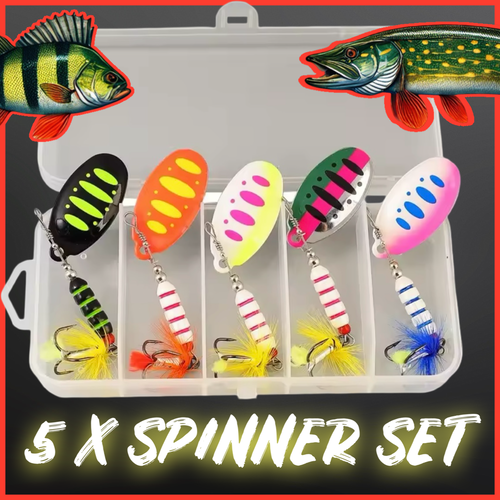 5-piece spinner gift set for perch, pike, chub, and trout fishing. Perfect fishing lures gift for anglers, presented in a durable box.