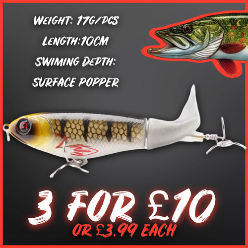 Topwater Whopper Popper Fishing Lure. Rotating Double Propeller Tail Floating
Wobbler 17g 10cm. Perch - FiSH i UK