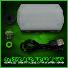 Load image into Gallery viewer, RECHARGEABLE 52 SMD LED VIDEO/BIVVY LIGHT &amp; COLD SHOE PHONE HOLDER KIT- SELF TAKE KIT-SELF TAKE STATION FOR CARP FISHING.