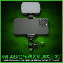Load image into Gallery viewer, RECHARGEABLE 52 SMD LED VIDEO/BIVVY LIGHT &amp; COLD SHOE PHONE HOLDER KIT- SELF TAKE KIT-SELF TAKE STATION FOR CARP FISHING.