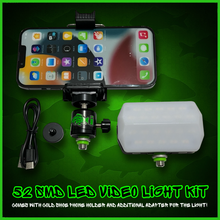 Load image into Gallery viewer, RECHARGEABLE 52 SMD LED VIDEO/BIVVY LIGHT &amp; COLD SHOE PHONE HOLDER KIT- SELF TAKE KIT-SELF TAKE STATION FOR CARP FISHING.