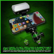 Load image into Gallery viewer, RECHARGEABLE 52 SMD LED VIDEO/BIVVY LIGHT &amp; COLD SHOE PHONE HOLDER KIT- SELF TAKE KIT-SELF TAKE STATION FOR CARP FISHING.