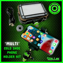 Load image into Gallery viewer, Cold Shoe Phone Holder &amp; ‘MULTI’ LED Video Self Take Light.Bivvy Light. Table Light - Power Bank - Solar Charge &amp; Rechargeable - FiSH i UK