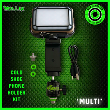Load image into Gallery viewer, Cold Shoe Phone Holder &amp; ‘MULTI’ LED Video Self Take Light.Bivvy Light. Table Light - Power Bank - Solar Charge &amp; Rechargeable