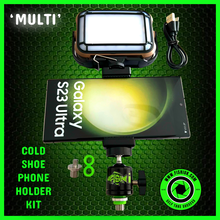 Load image into Gallery viewer, Cold Shoe Phone Holder &amp; ‘MULTI’ LED Video Self Take Light.Bivvy Light. Table Light - Power Bank - Solar Charge &amp; Rechargeable