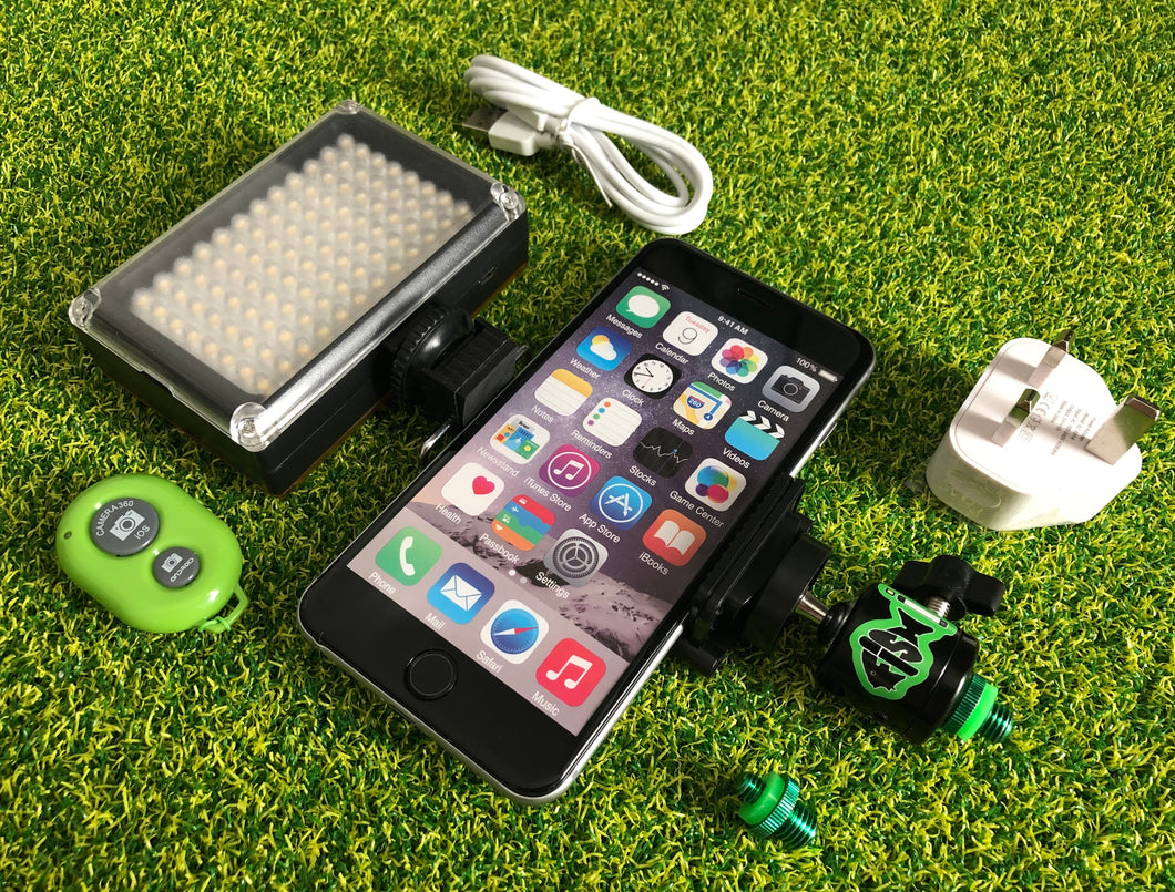 Phone Holder With Cold Shoe Mount & Rechargeable 96 Led Light & Remote. - FiSH i 