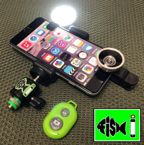 Phone Holder With Clip On L.e.d Light, Remote And Wide i Lens. - FiSH i 