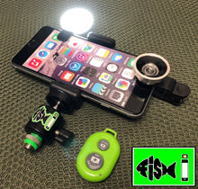 Load image into Gallery viewer, Phone Holder With Clip On L.e.d Light, Remote And Wide i Lens. - FiSH i 