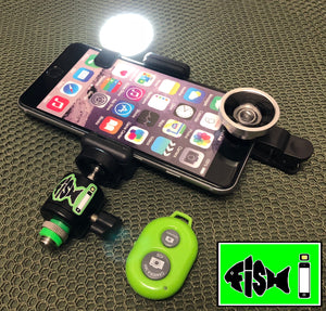 Phone Holder With Clip On L.e.d Light, Remote And Wide i Lens. - FiSH i 