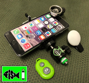 Phone Holder With Clip On L.e.d Light, Remote And Wide i Lens. - FiSH i 
