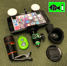 Load image into Gallery viewer, Phone Holder Ultimate Kit. 8x Zoom Lens. 0.45x Lens, Dual Led Lights &amp; Bluetooth Remote - FiSH i 