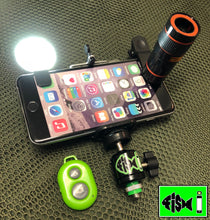 Load image into Gallery viewer, Phone Holder With Clip On Led Light , Remote &amp; 8x Zoom Lens Kit. - FiSH i 