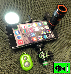 Phone Holder With Clip On Led Light , Remote & 8x Zoom Lens Kit. - FiSH i 