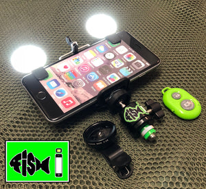 Phone Holder With Dual Clip On Led Lights, Remote and Wide i Lens. - FiSH i 